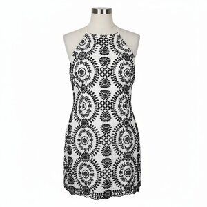 Entro Black & White Embroidered Halter Mini Dress | Boho Medallion Overlay Small